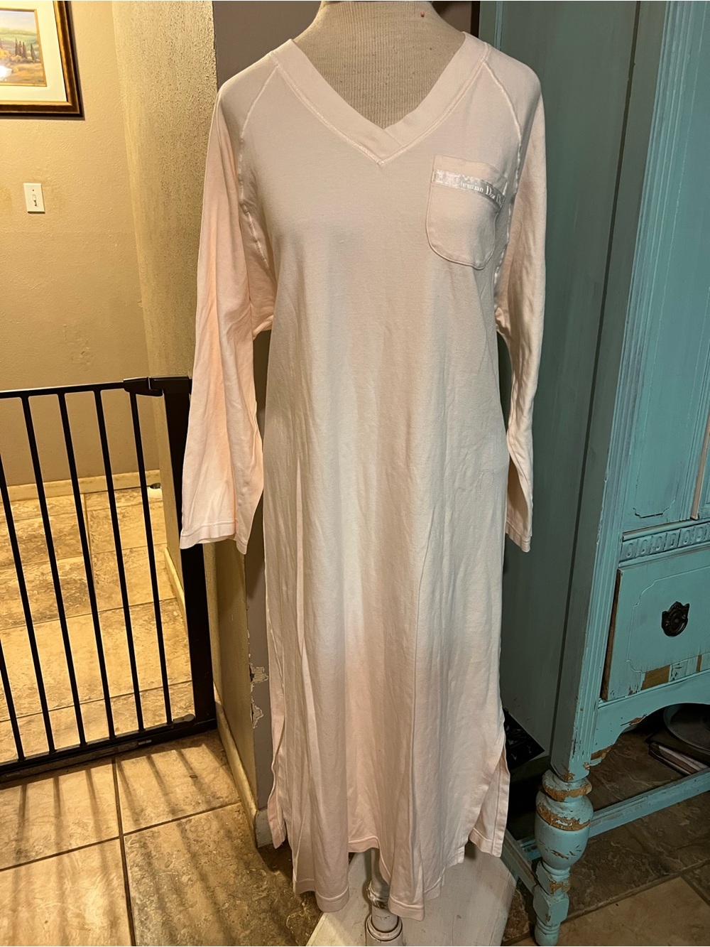 Christian Dior VTG Pima Cotton Peru Nightgown Maxi Cream Blush Logo Pocket Large